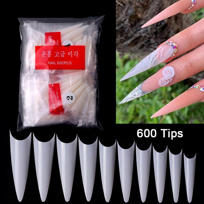 FlorVida 500 Tips Kit Bagged Fake False Nails Full Half French Acrylic ABS For Manicure Fingers Toes Set C Smile Sharp 10 Sizes