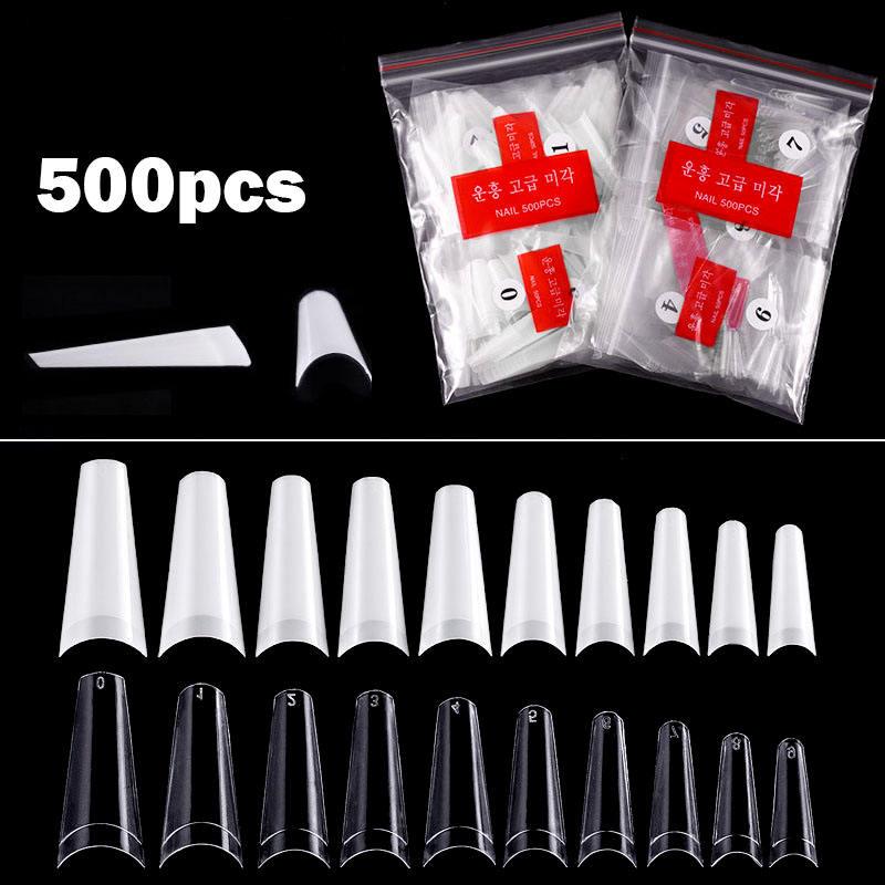 FlorVida 500 Tips Kit Bagged Fake False Nails Full Half French Acrylic ABS For Manicure Fingers Toes Set C Smile Sharp 10 Sizes