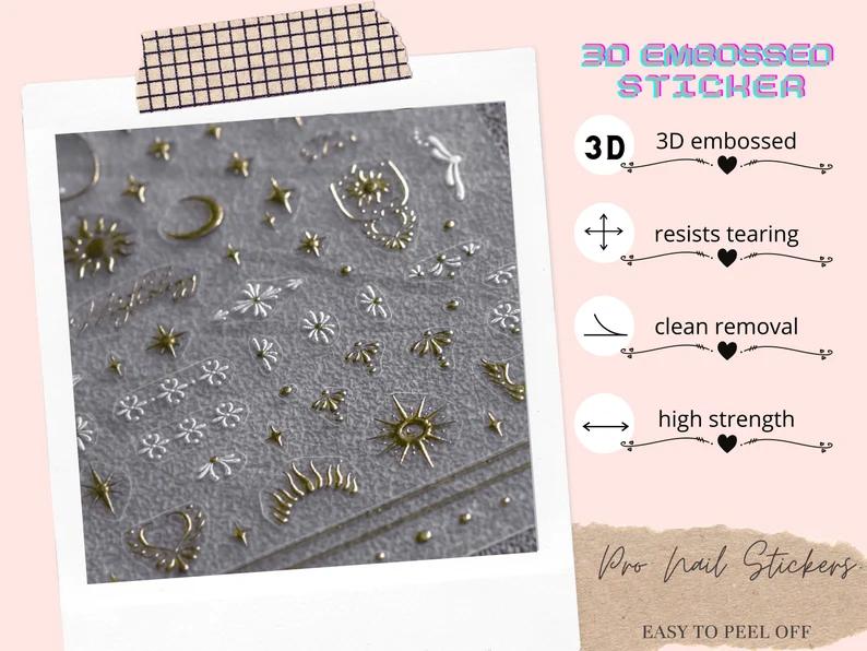 Gold Plated Metal Line 3D Nail Stickers Bronzing Bohemian Sun Moon Star Adhesive Nails Slider For Manicure Geometric Nail Decals