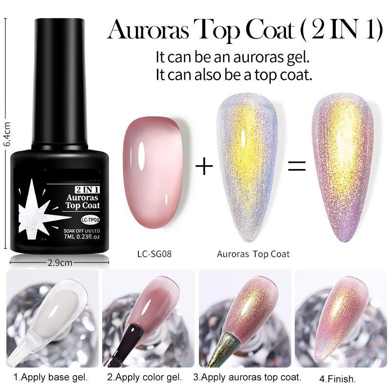 LILYCUTE 7ML Auroras Top Coat Sparking Aurora Gel Nail Polish Semi Permanent UV Gel Function Top Coat For Nail Art Gel Varnish