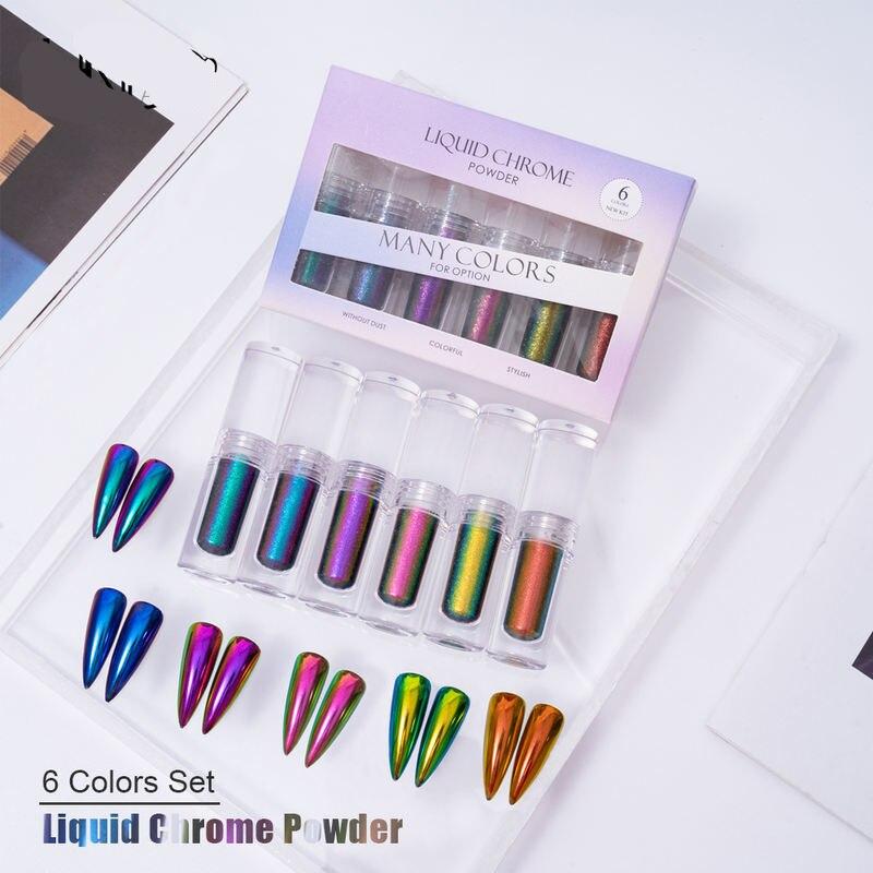 HNDO Small Tube Liquid Chrome Powder 6 Color Set Aurora Chameleon Nail Glitter for Professional Nail Art Decor Manicure Pigment