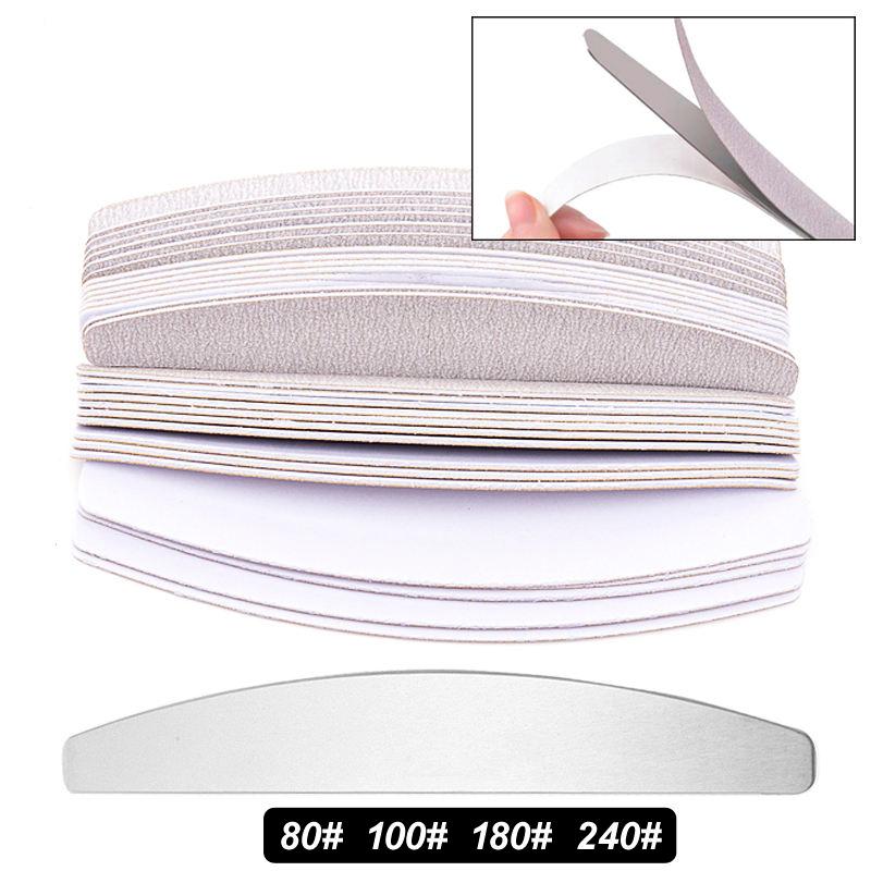 10 Pcs Half Moon Removable Sandpaper Nail File With Steel Handle 80/100/180/240 Metal Replacement Files Pads Disposable Manicure