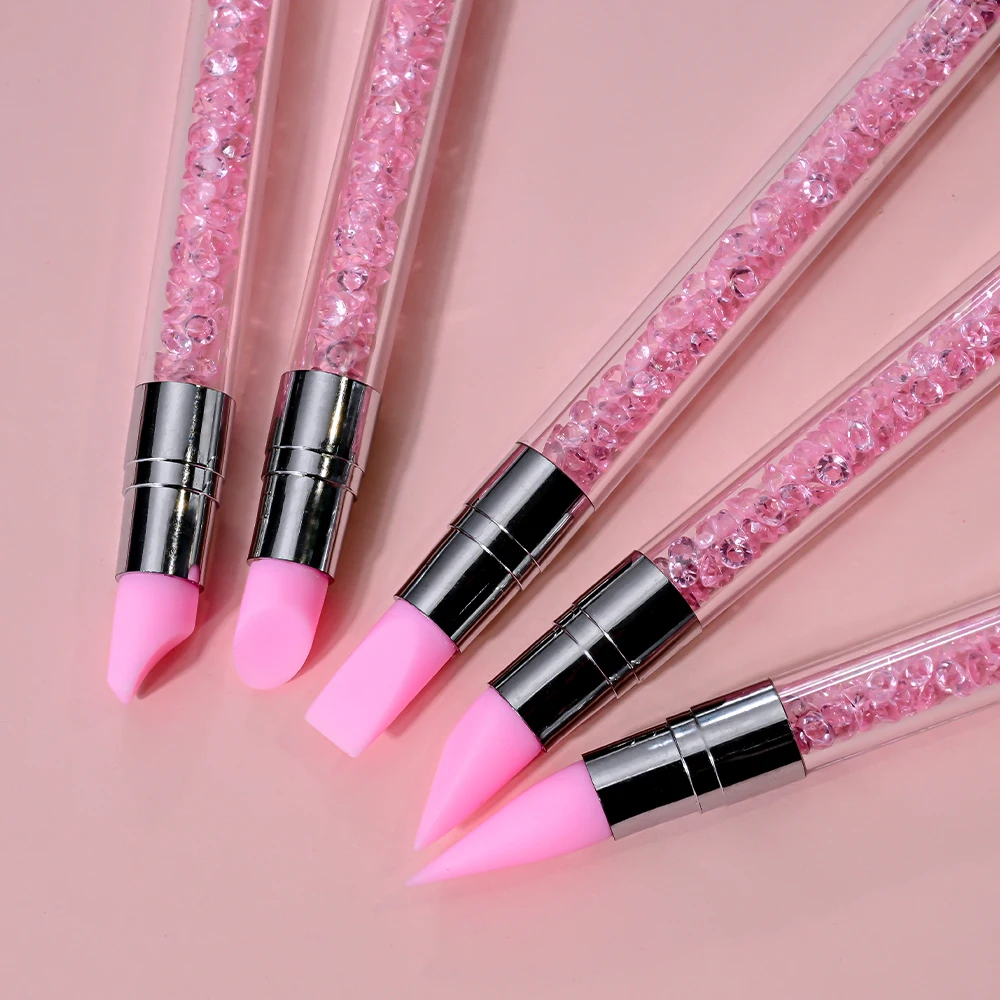 5Pcs Dual-Ended Silicone Head Nail Sculpture Pen Acrylic Handle UV Gel Polish Tip Carving Pen Flower Painting Drawing Brushes