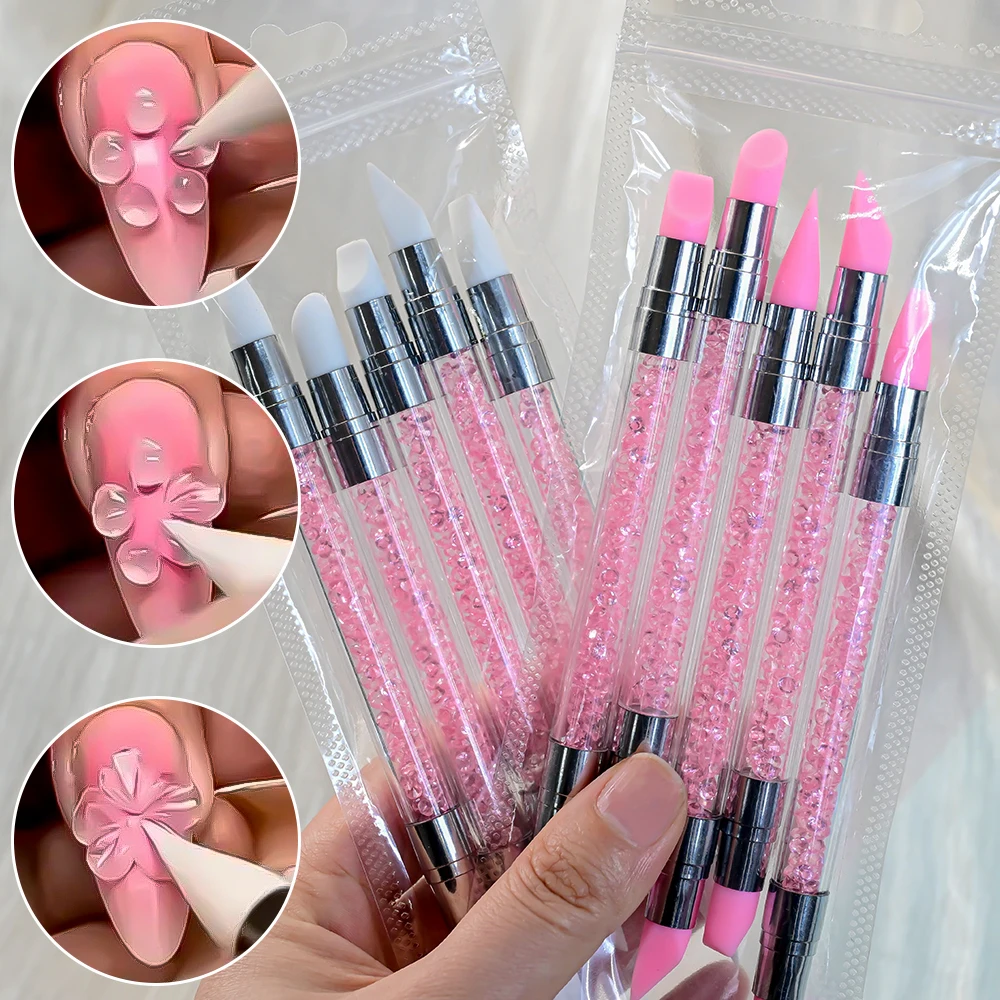5Pcs Dual-Ended Silicone Head Nail Sculpture Pen Acrylic Handle UV Gel Polish Tip Carving Pen Flower Painting Drawing Brushes