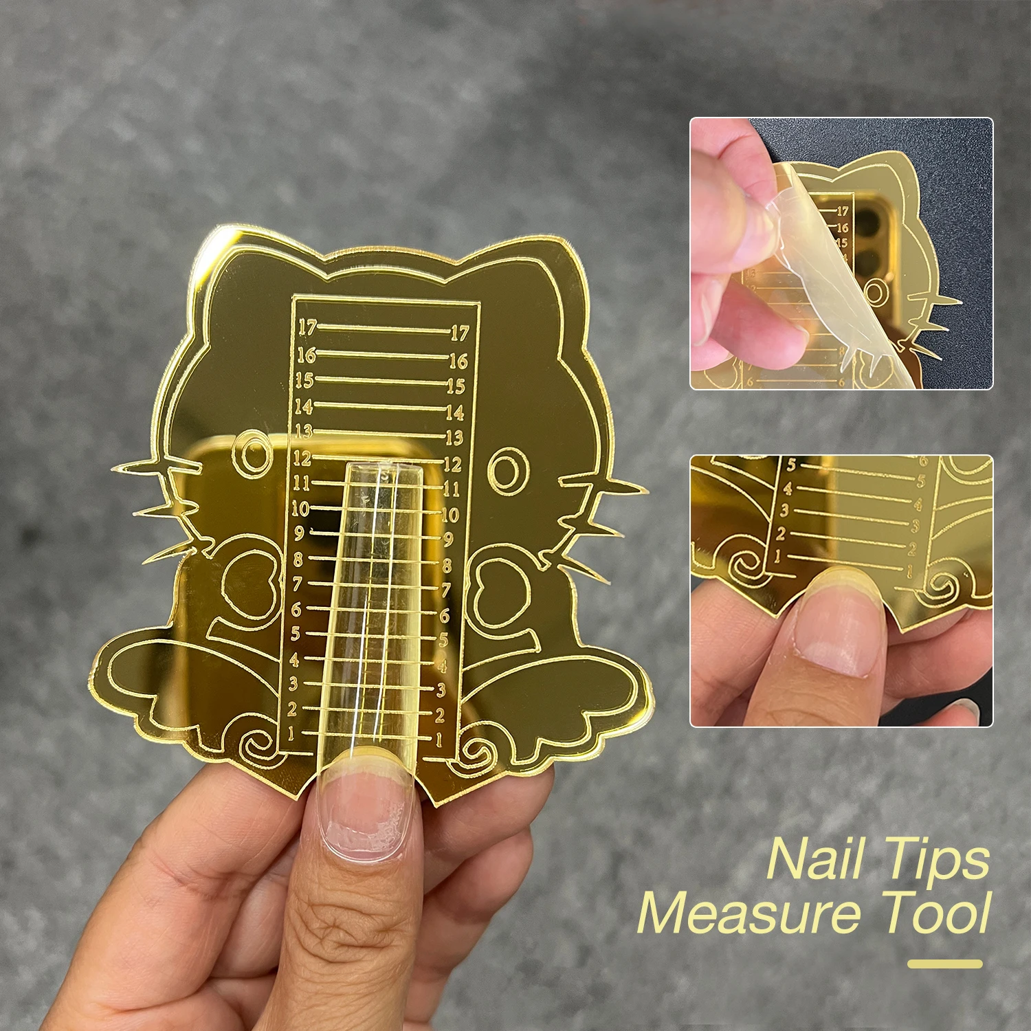 1pcs Gold Acrylic Mirror Nail Tips Ruler for Triming The Same Length Cute Cat Nail Length Measure Tool for Salon Home Nail Art