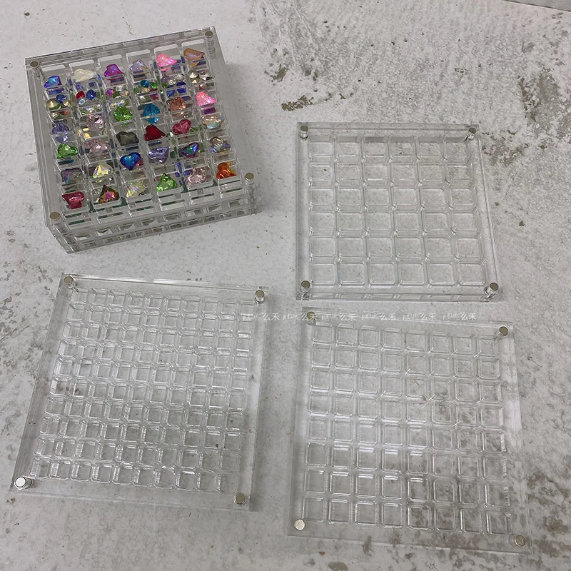 Square/Heart Hole Acrylic Nail Art Crystal Diamond Stone Jewelry Storage Box 36/64/100 Grids Nail Rhinestone Display Organizer