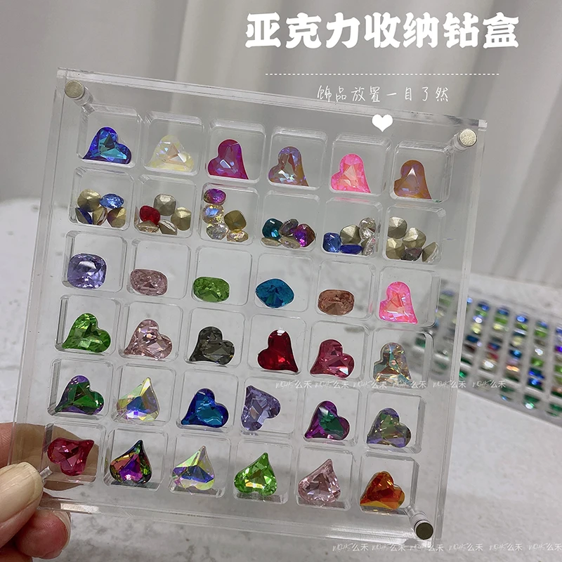 Square/Heart Hole Acrylic Nail Art Crystal Diamond Stone Jewelry Storage Box 36/64/100 Grids Nail Rhinestone Display Organizer