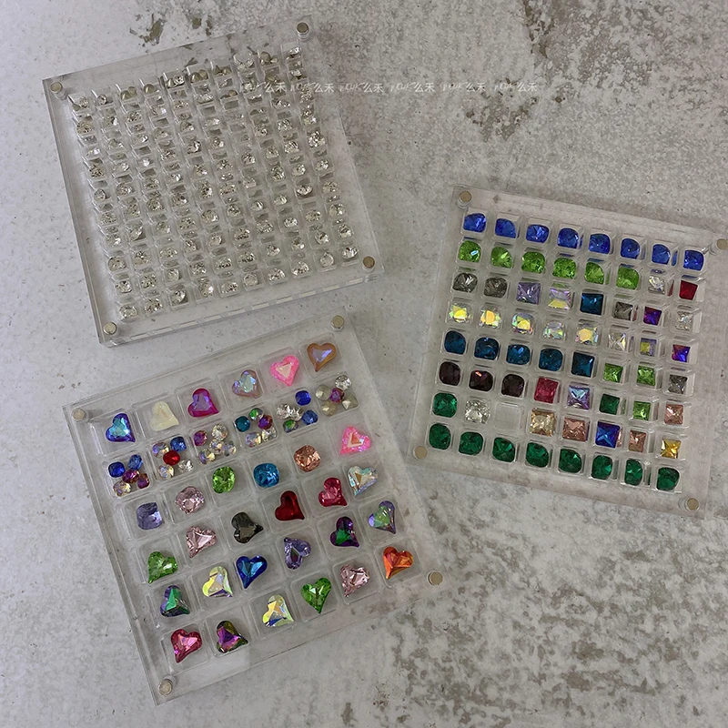Square/Heart Hole Acrylic Nail Art Crystal Diamond Stone Jewelry Storage Box 36/64/100 Grids Nail Rhinestone Display Organizer