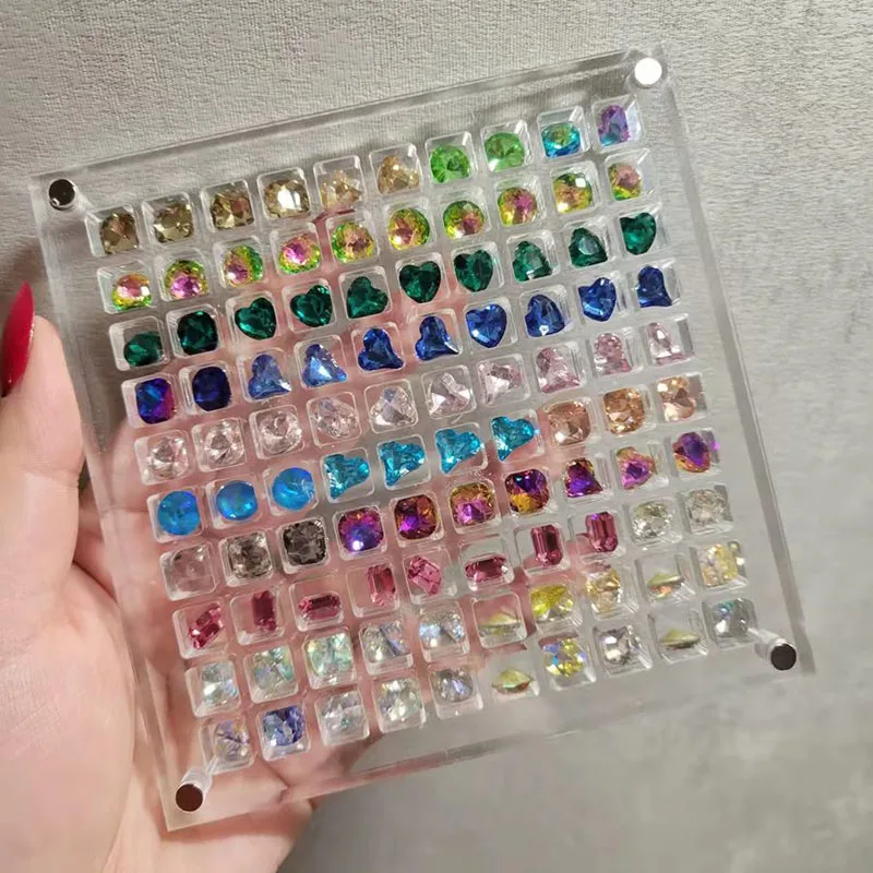 Square/Heart Hole Acrylic Nail Art Crystal Diamond Stone Jewelry Storage Box 36/64/100 Grids Nail Rhinestone Display Organizer