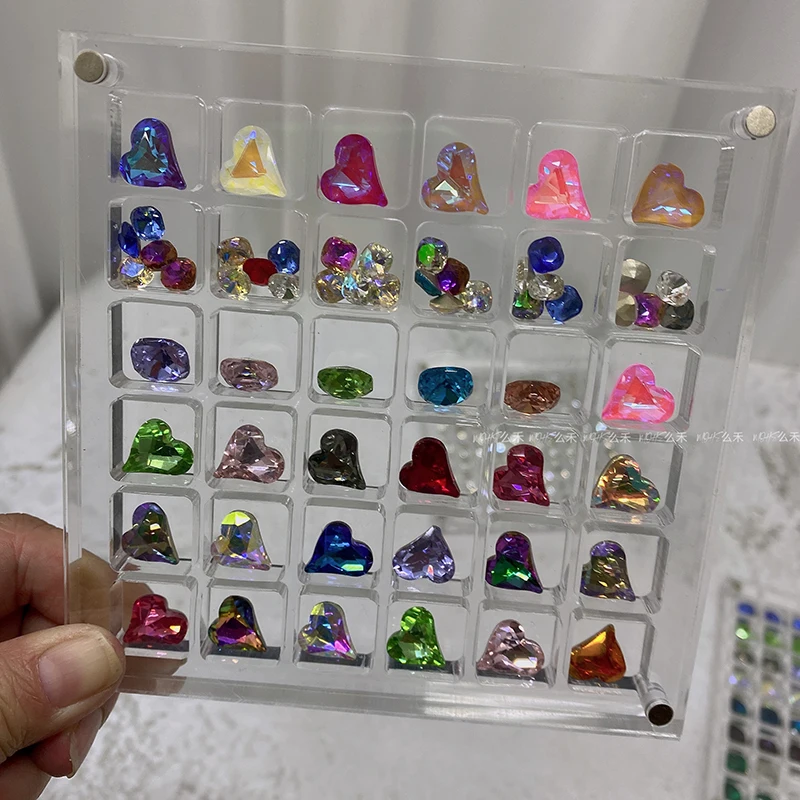 Square/Heart Hole Acrylic Nail Art Crystal Diamond Stone Jewelry Storage Box 36/64/100 Grids Nail Rhinestone Display Organizer