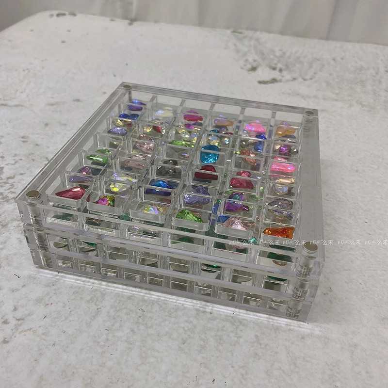 Square/Heart Hole Acrylic Nail Art Crystal Diamond Stone Jewelry Storage Box 36/64/100 Grids Nail Rhinestone Display Organizer