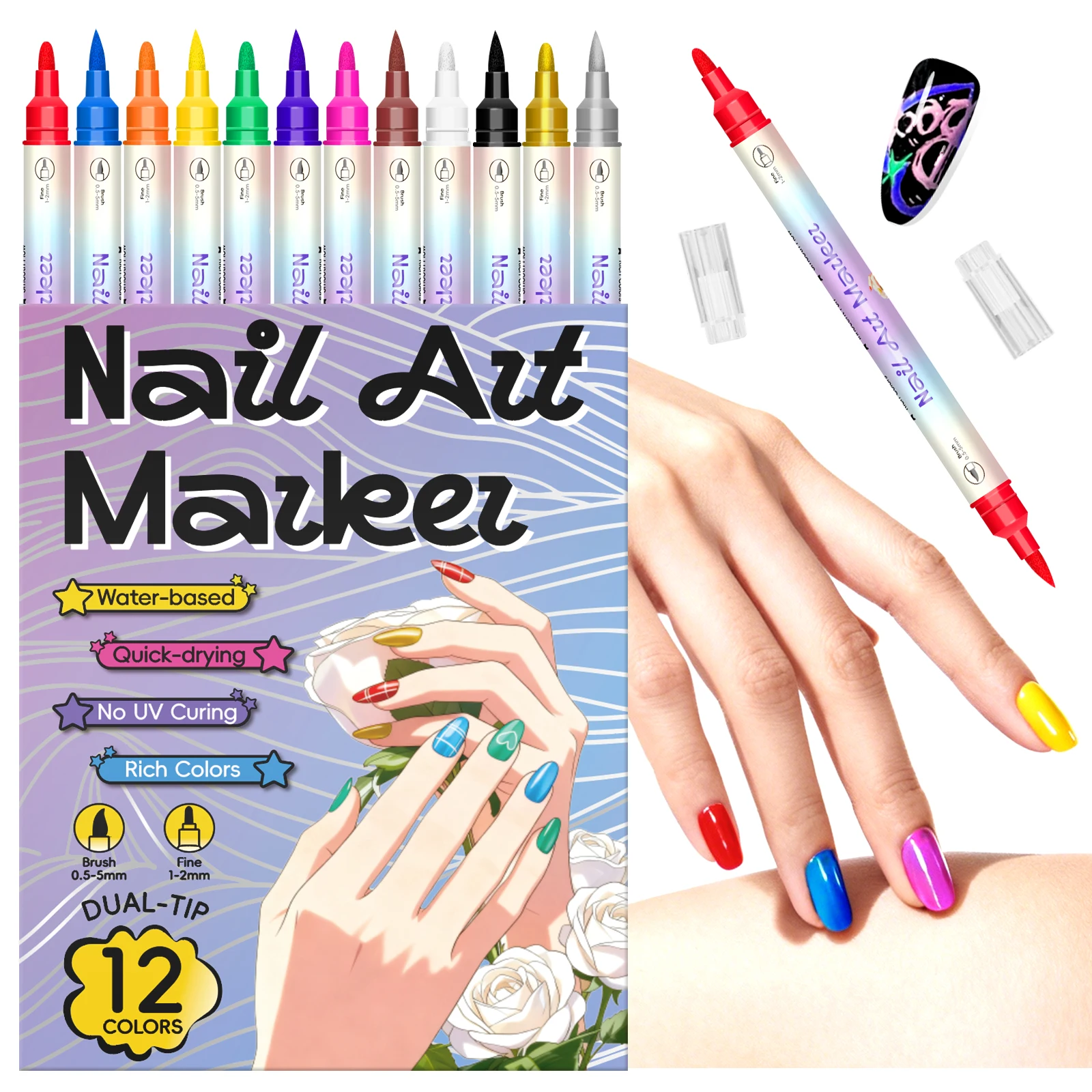 12/24 Colors 3D Nail Art Pens Set, Double-headed Nail Point Graffiti Dotting Pen Quick Dry Long-last Acrylic Paint Markers