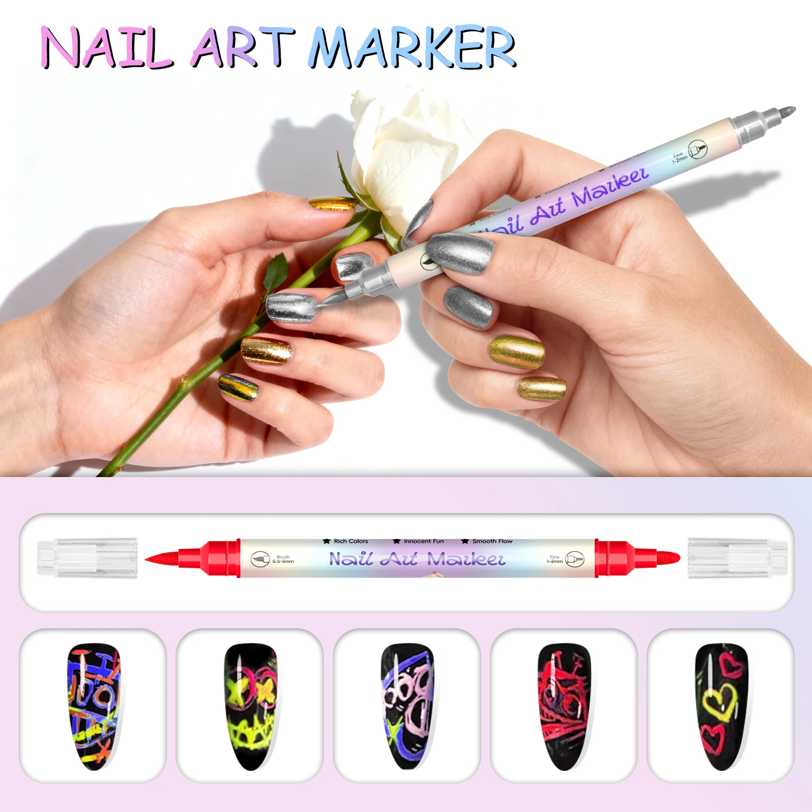 12/24 Colors 3D Nail Art Pens Set, Double-headed Nail Point Graffiti Dotting Pen Quick Dry Long-last Acrylic Paint Markers