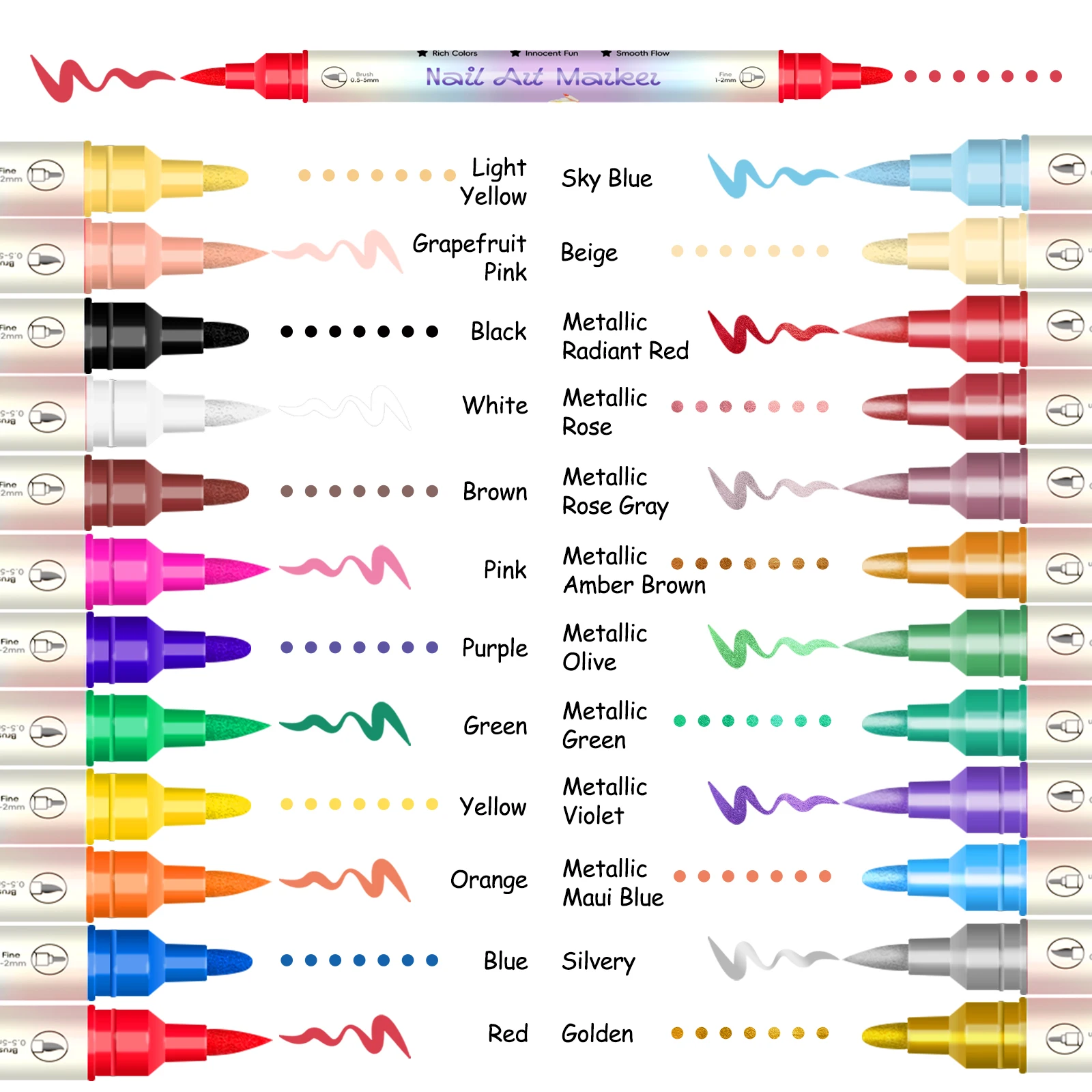 12/24 Colors 3D Nail Art Pens Set, Double-headed Nail Point Graffiti Dotting Pen Quick Dry Long-last Acrylic Paint Markers