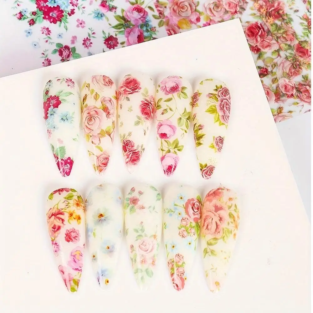 10PCS Mixed Nail Art Foils Transfer Sticker Set Rose Flower Designs Floral Starry Sky Nail Wraps Wedding Summer Manicure Decor