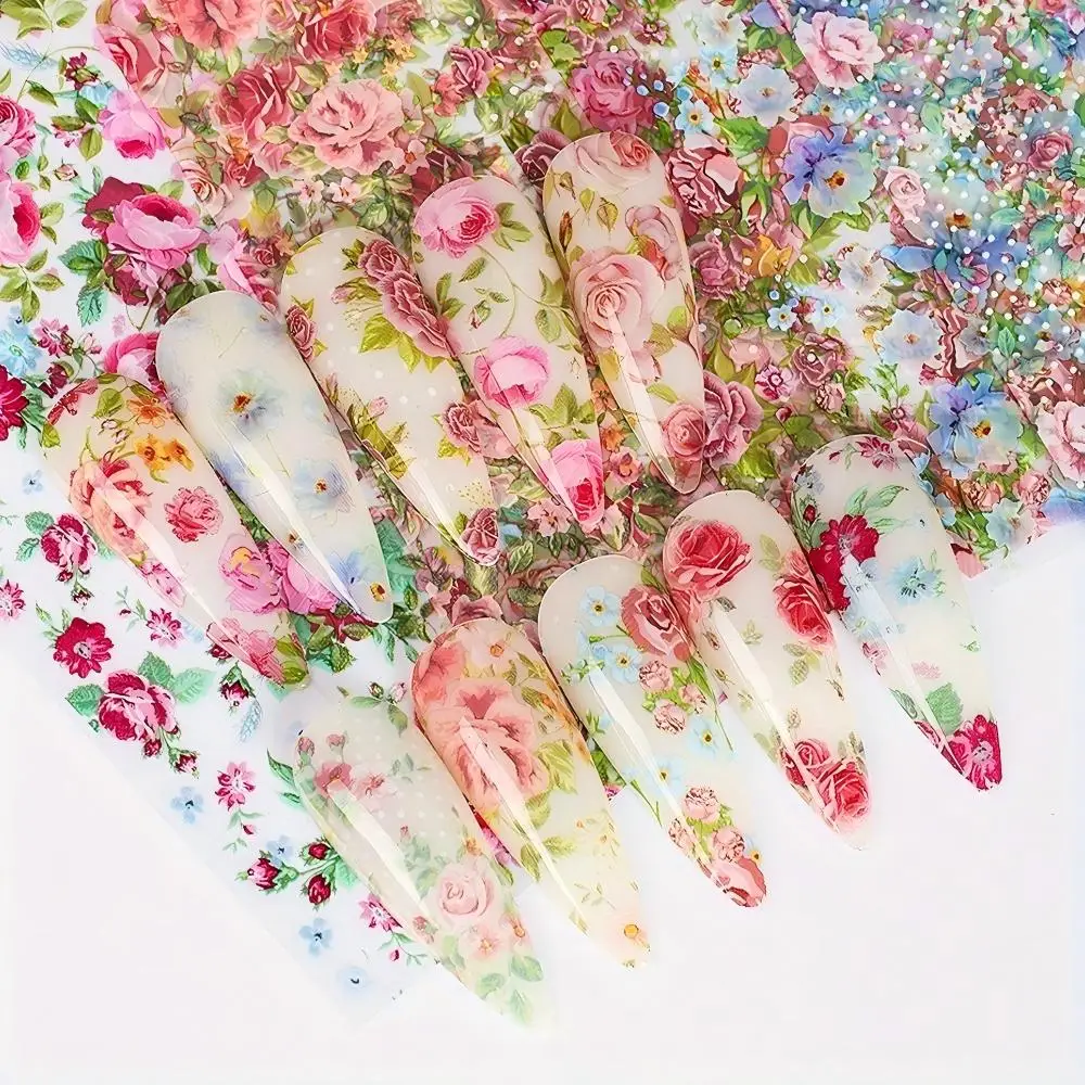 10PCS Mixed Nail Art Foils Transfer Sticker Set Rose Flower Designs Floral Starry Sky Nail Wraps Wedding Summer Manicure Decor